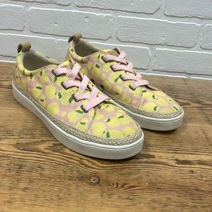 Spenco Pink & Yellow “Lemon” Print Slip Ons